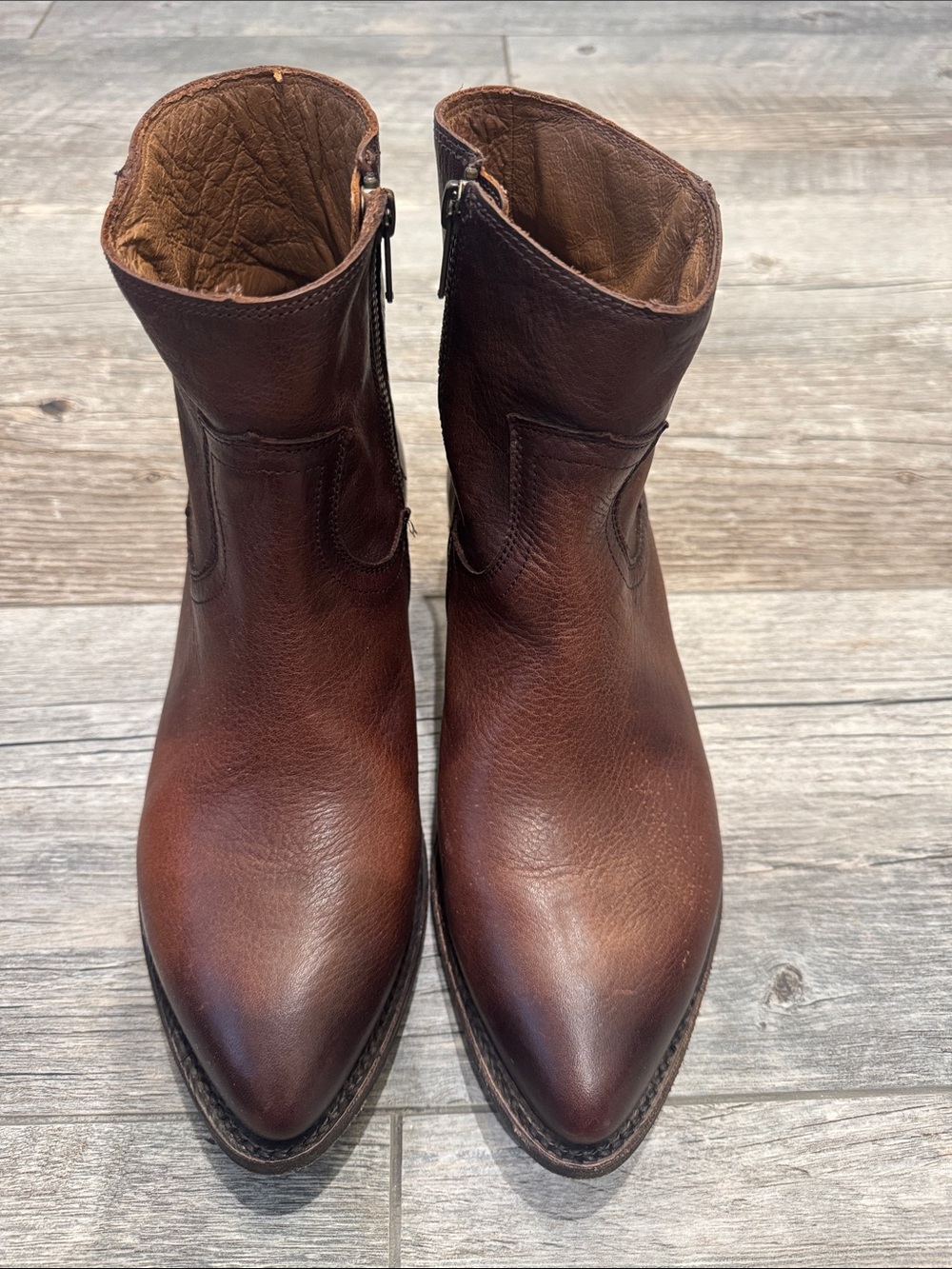 Women’s  FRYE Brown Leather Ankle Boots - Classic Zip Side ( Billy inside zip )